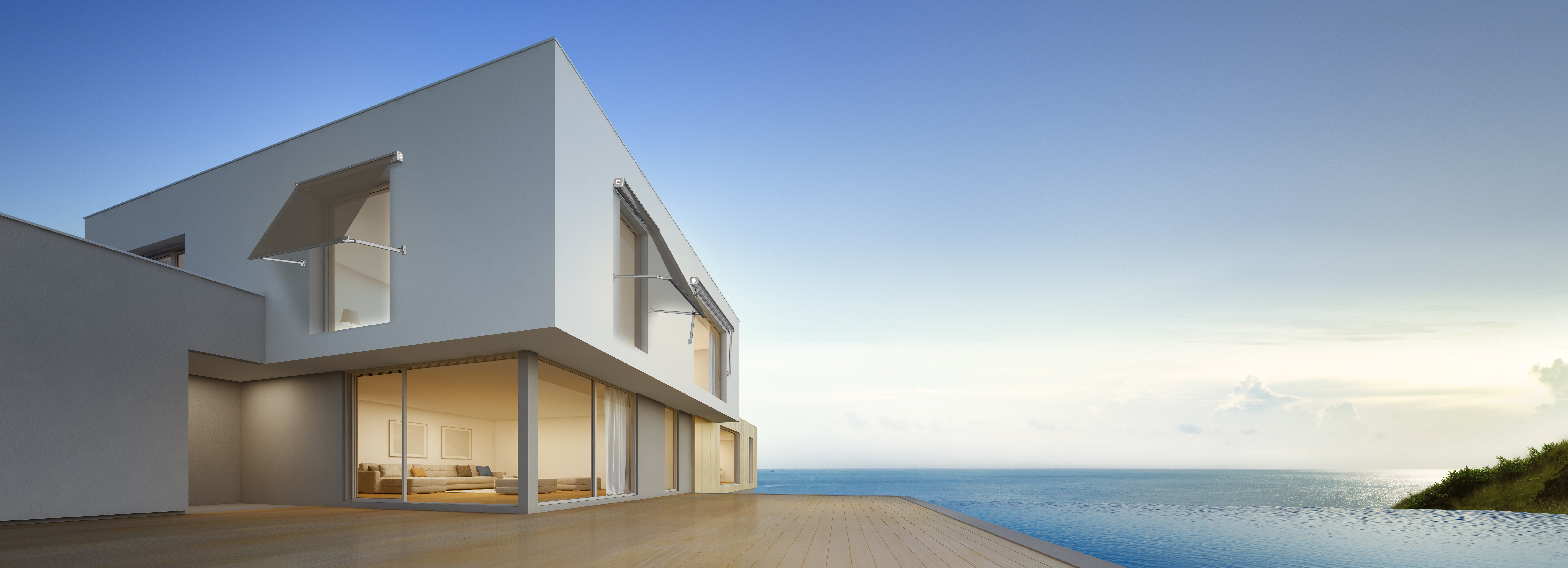 Casa de praia de luxo com piscina com vista para o mar e terraço vazio em design moderno, casa de férias para família grande no fundo do céu azul