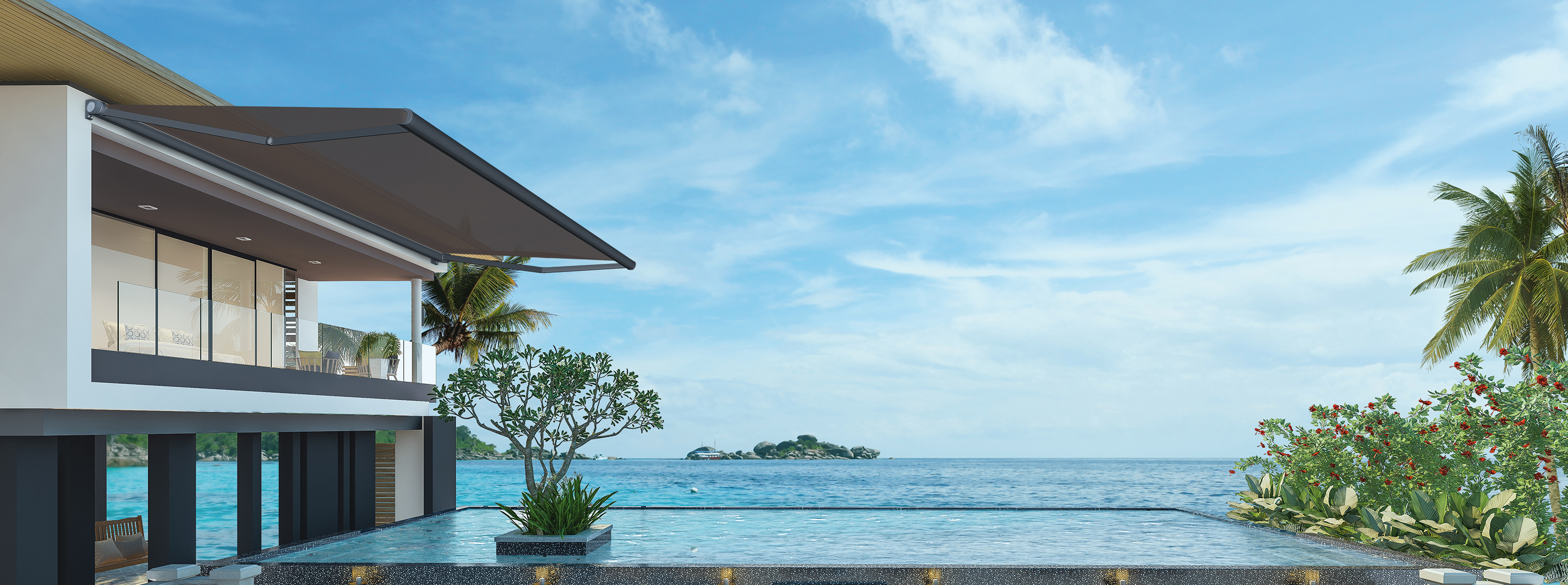 Piscina com vista para o mar em design moderno de loft, luxuosa casa de praia do oceano